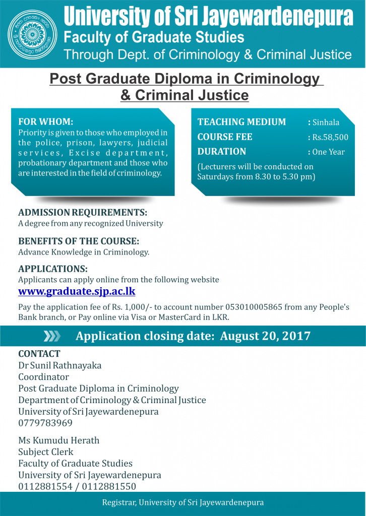 Post Graduate Diploma in Criminology & Criminal Justice - University of Sri Jayewardenepura